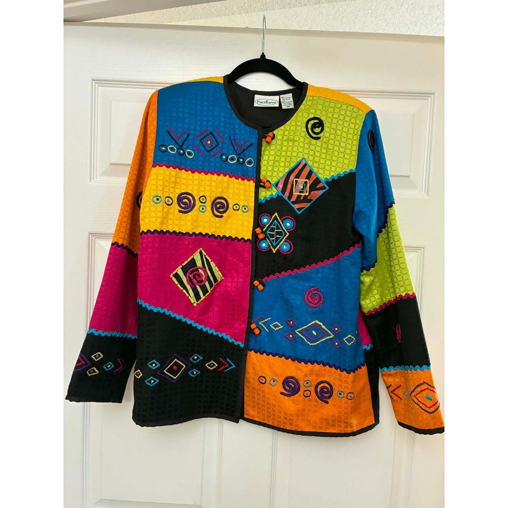 Patchington Colorful Embroidered Patchwork‎ Jacket Women Small Boho Art Coat